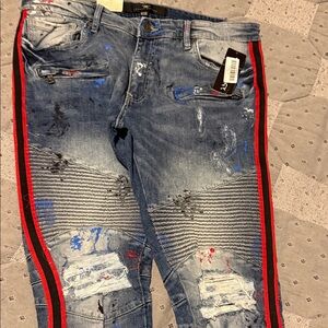 Stylish Distressed Jeans with Red Stripe